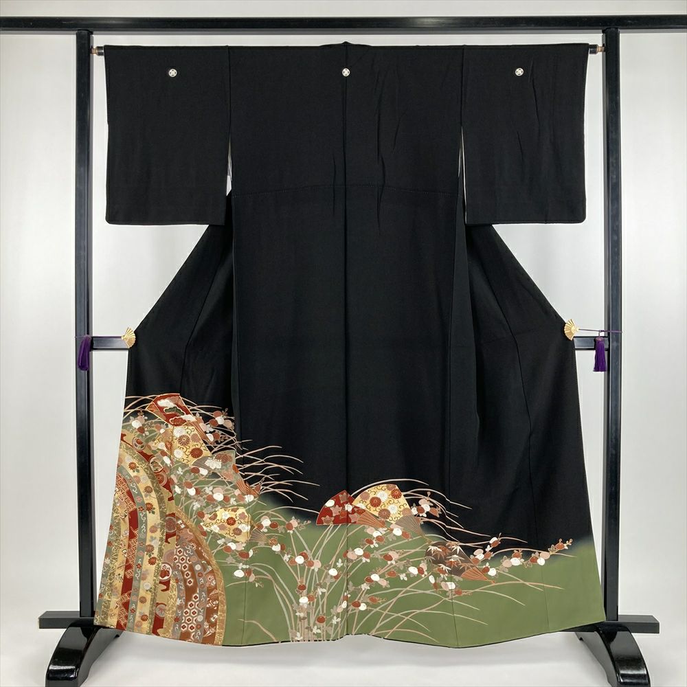 中古）黒留袖 黒 フォーマル 五つ紋 ちりめん 金駒刺繍 金彩 鳥 地紙 