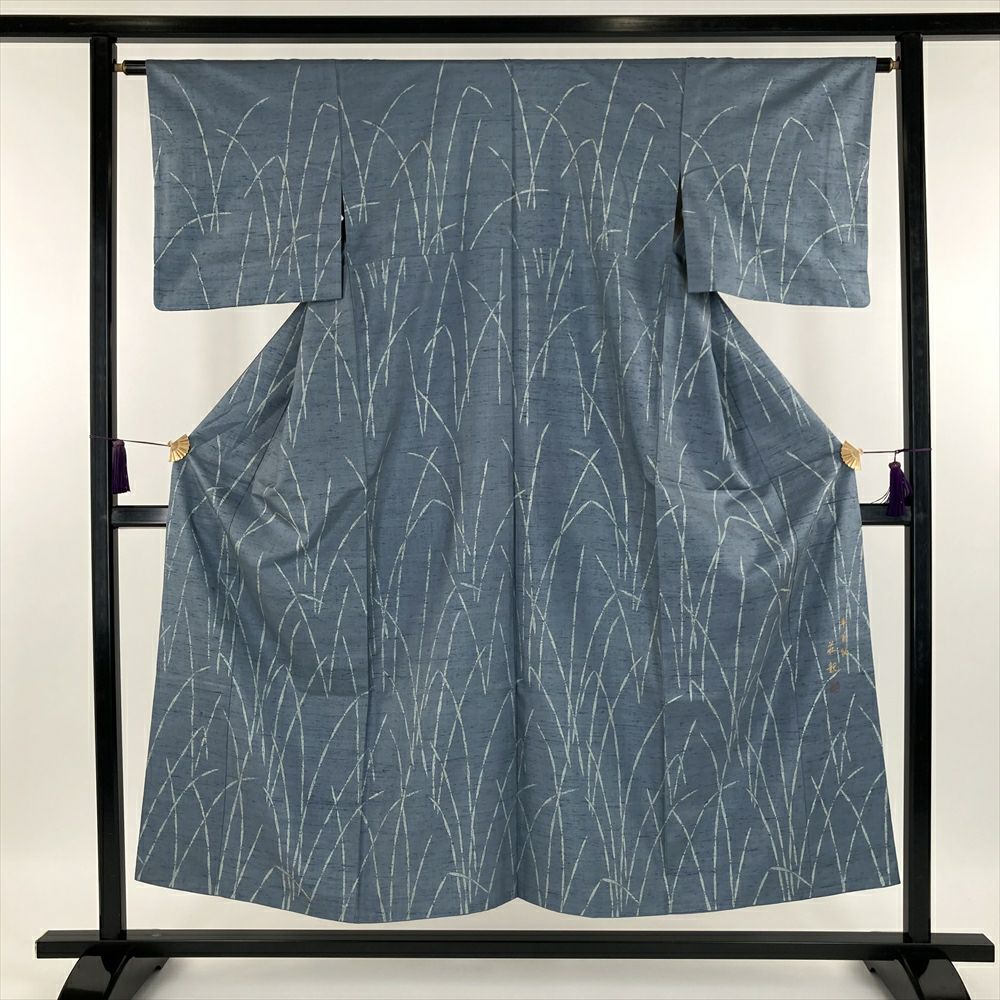 中古）特撰牛首紬 青 薄縹色 ブルーグレー色 カジュアル 織り牛首紬