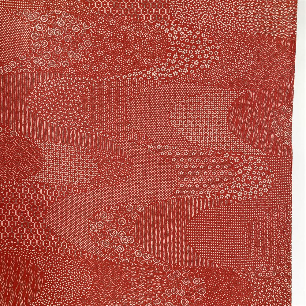 中古） 単衣小紋 朱色 赤色 カジュアル 染め 割り付け 江戸小紋調 ひと
