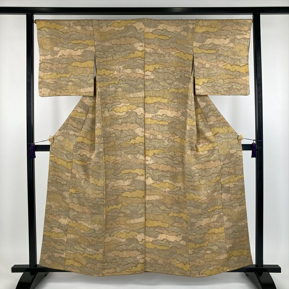 小紋 着物 袷 モダン柄 こげ茶 美品 カジュアル 裄64 M 中古