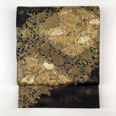 中古）袋帯 焦げ茶色 セミフォーマル 六通 金糸 流水 菊花 絹