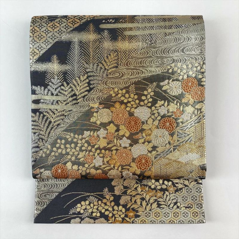 中古）袋帯 金 グレー フォーマル 六通 織り 引き箔 金糸 銀糸 遠山