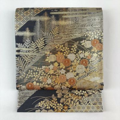 中古）袋帯 金 グレー フォーマル 六通 織り 引き箔 金糸 銀糸 遠山