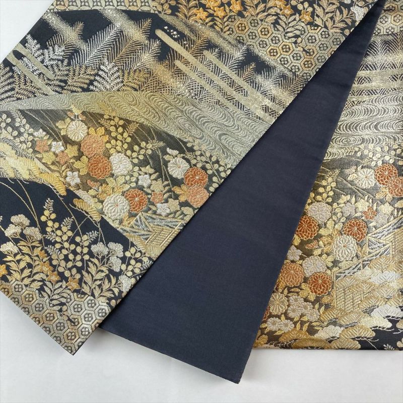 中古）袋帯 金 グレー フォーマル 六通 織り 引き箔 金糸 銀糸 遠山