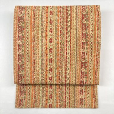 中古）九寸名古屋帯 オレンジ地 名古屋仕立て 金銀糸 扇面 菊