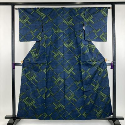 中古）単衣色無地 青 セミフォーマル 地紋織り 青海波 ひとえ M