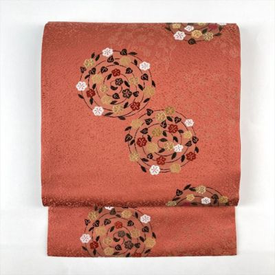 中古）九寸名古屋帯 オレンジ地 名古屋仕立て 金銀糸 扇面 菊