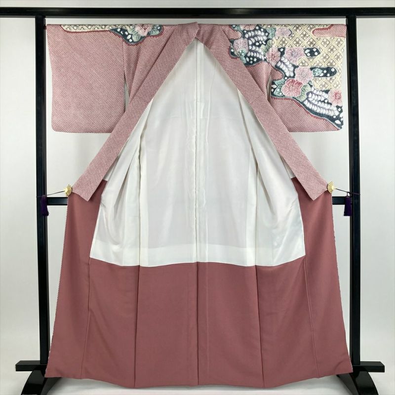 中古）きぬたや 訪問着 ピンク 紅梅色 フォーマル 総絞り 花 霞