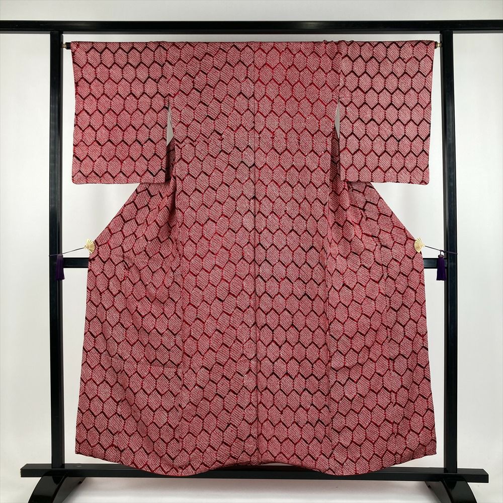 中古） 小紋 赤色 カジュアル 染め 絞り鹿の子 亀甲 袷【身丈】150cm