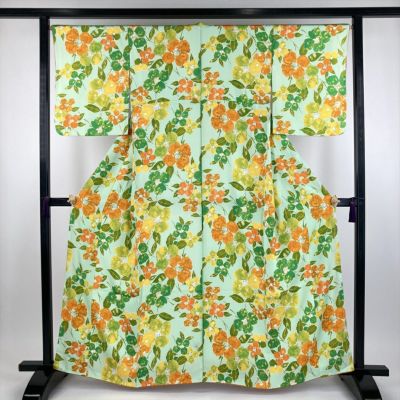 中古）小紋 赤 カジュアル 地紋織り 染め 四季の草花 霞と雲 袷 M