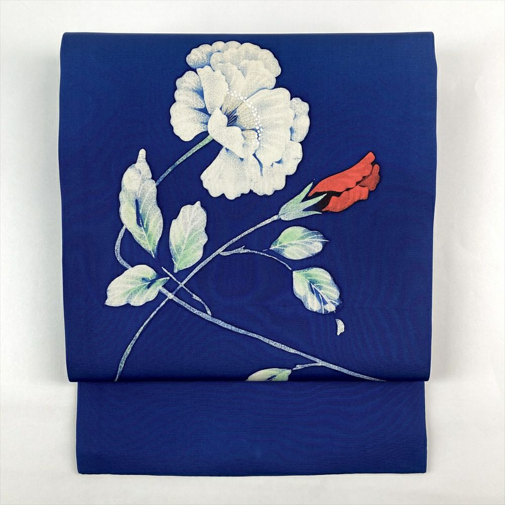 売約済み【新年のイベント用に】★★正絹　未使用　名古屋帯と雪輪洗える江戸小紋★★ 中古）名古屋帯 青色 カジュアル 名古屋仕立て 塩瀬 染め 花葉