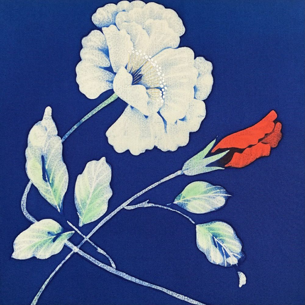 中古）名古屋帯 青色 カジュアル 名古屋仕立て 塩瀬 染め 花葉