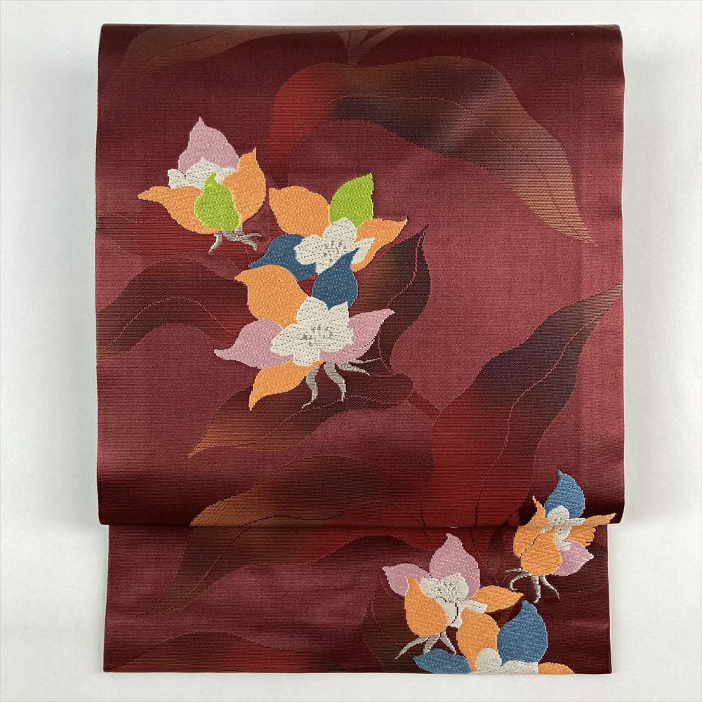 名古屋帯 丸っこい 逸品 ピエロ 玉 唐織 箔 焦茶色 正絹 中古