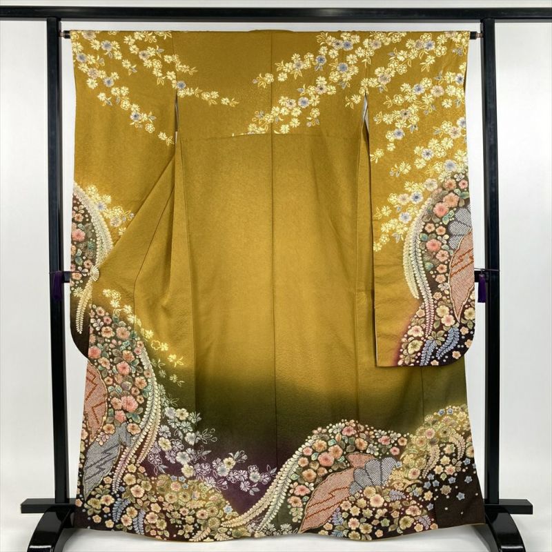 （中古） 振袖 黄色 山吹色 フォーマル 金通し 染め 絞り 辻が花 袷【身丈】160cm【裄丈】64.5cm