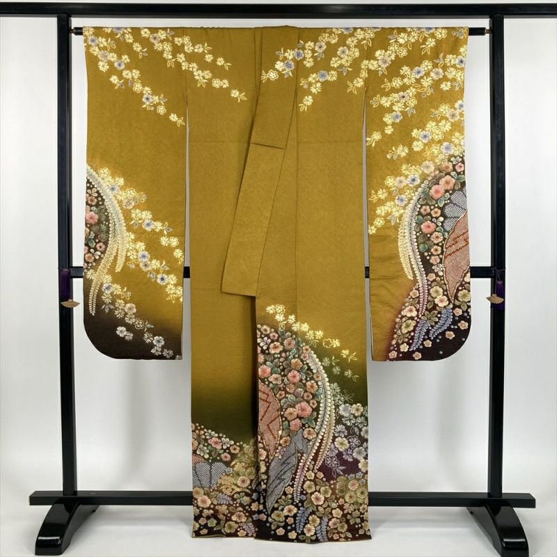 中古 振袖 △少し色ヤケあり 仕立て上がり 黄緑 NO.B15 中古 振袖