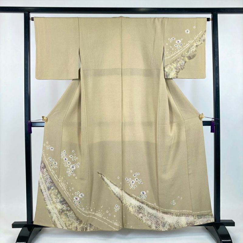 中古） 訪問着 イエローベージュ セミフォーマル ちりめん 染め 絞り 辻が花 袷 【身丈】157cm【裄丈】65cm