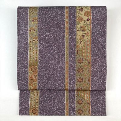中古）袋帯 紫 カジュアル 全通 染め 金彩 蒔糊 花唐草 絹