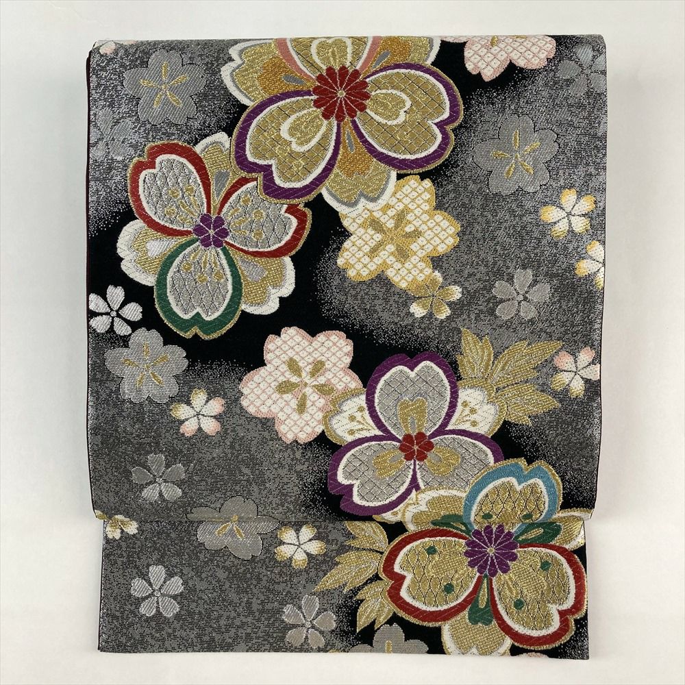 中古）振袖用袋帯 黒 銀色 フォーマル 六通 引き箔 金糸 色糸 桜 