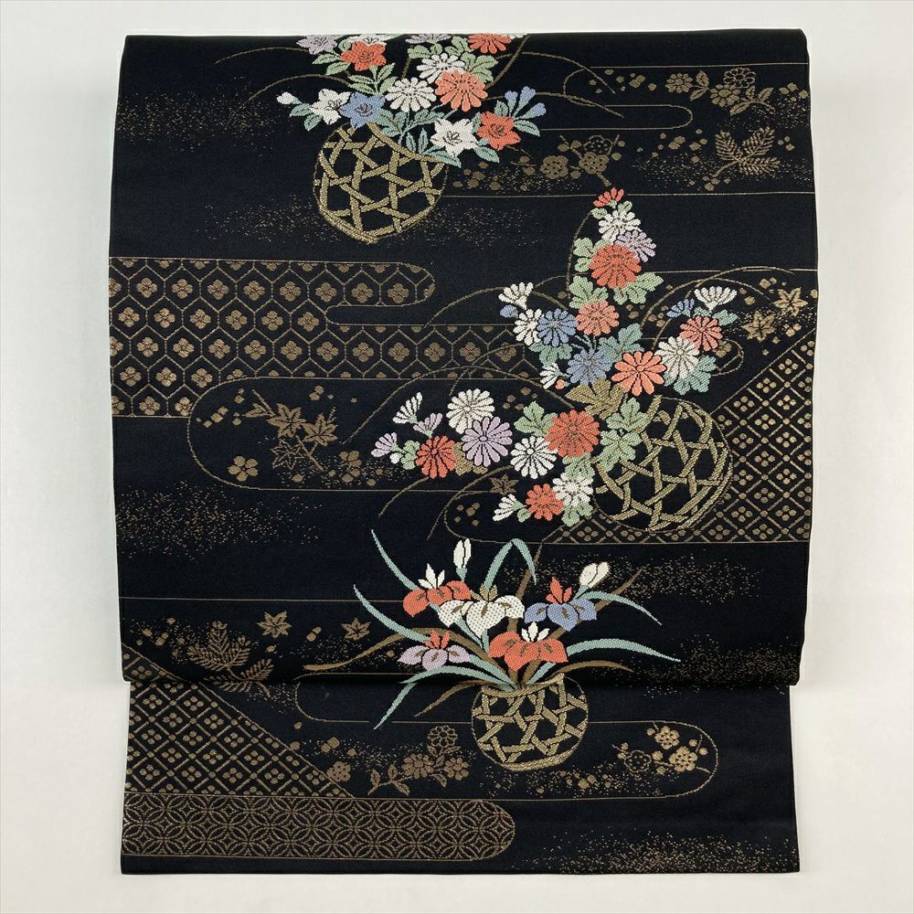 袋名古屋帯 美品 逸品 想屋 落款 西陣織 花 豊満 段縞 箔 黒 