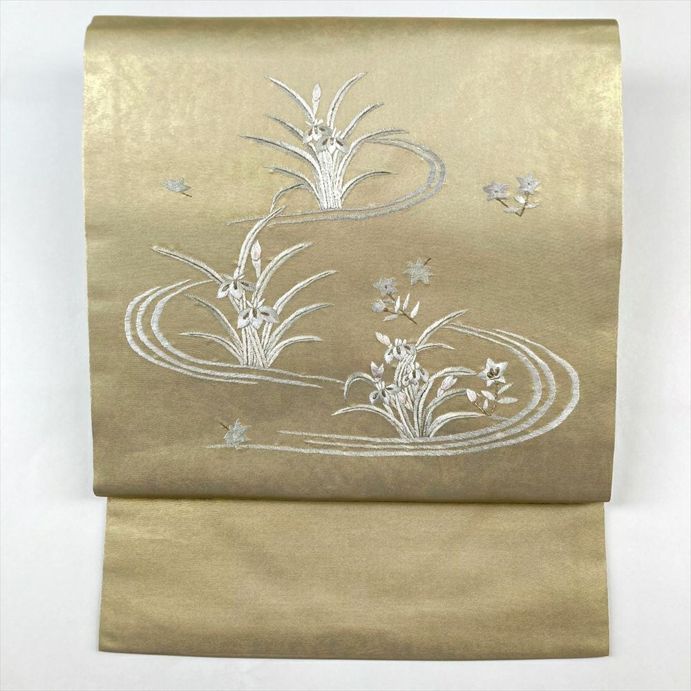 名古屋帯 美品 秀品 八寸名古屋帯 松葉仕立て 幾何学 縞 金糸 ベージュ 