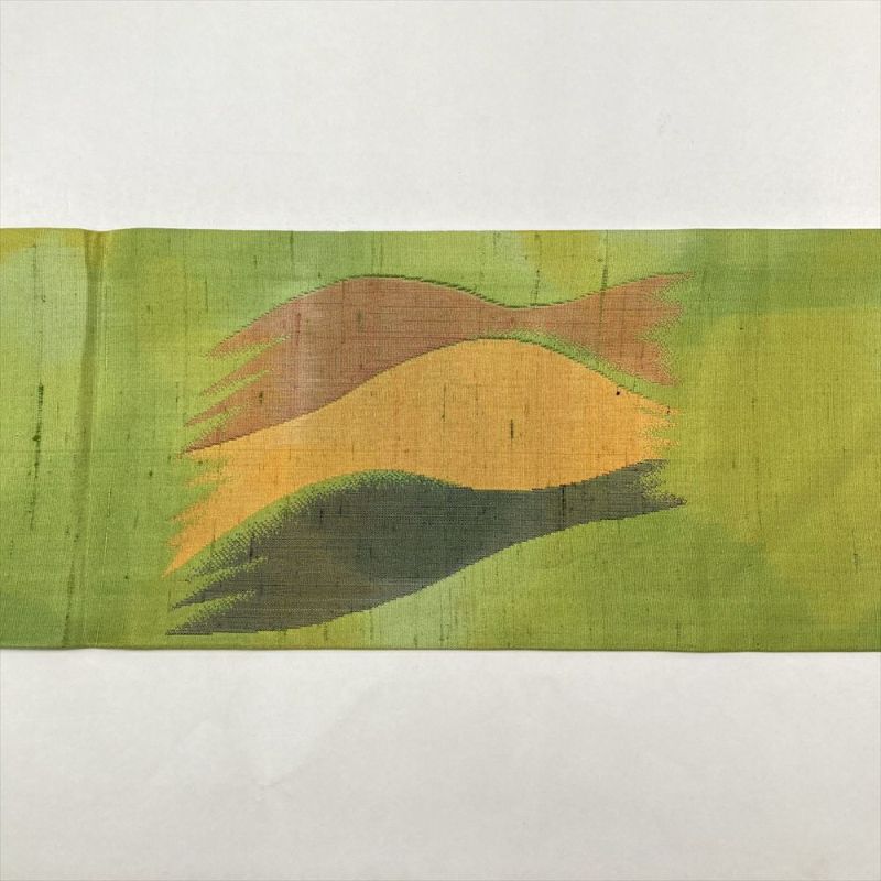 中古）名古屋帯 黄緑色 カジュアル 名古屋仕立て 織り 道長取り