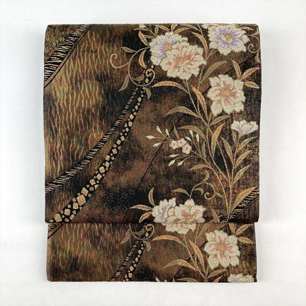 アンティーク 京袋帯 刺繍 リス リーフ 木の実 黒地 着物 114a d  