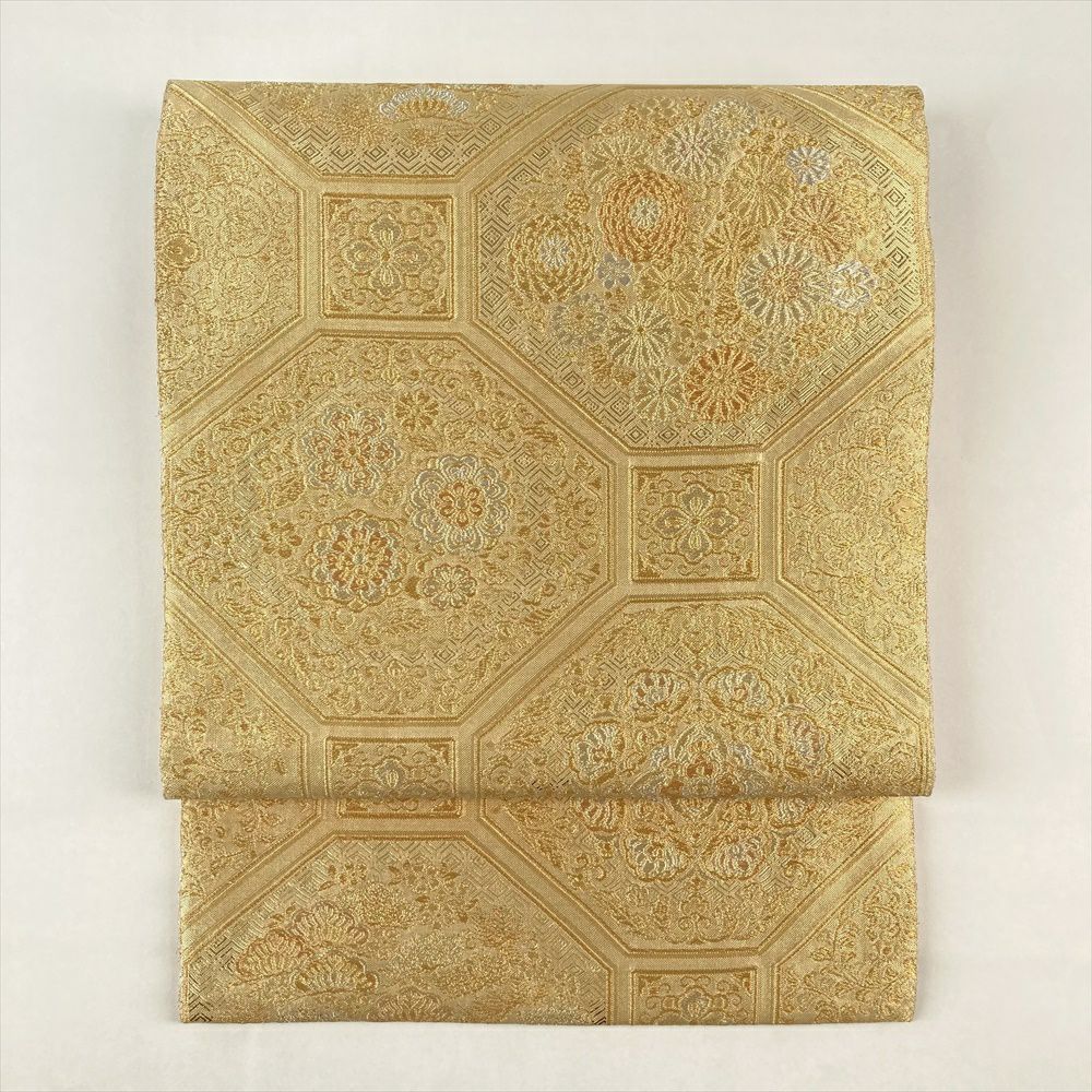 京袋帯 名古屋帯 未使用 正絹 カジュアル 仕立て上がり 六通 格子模様  