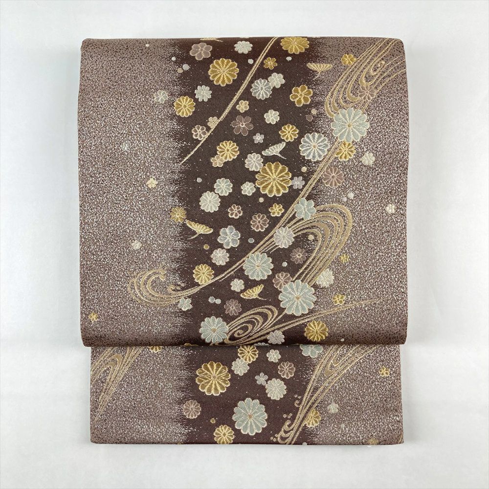 着物 帯 袋帯 美品!! （袋帯 美品 逸品 佐波理 落款 波 段縞 ラメ糸 箔  