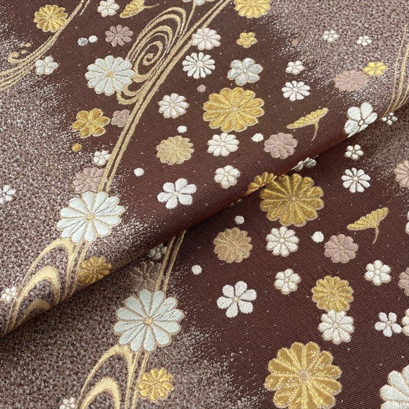 中古）袋帯 焦げ茶色 セミフォーマル 六通 金糸 流水 菊花 絹