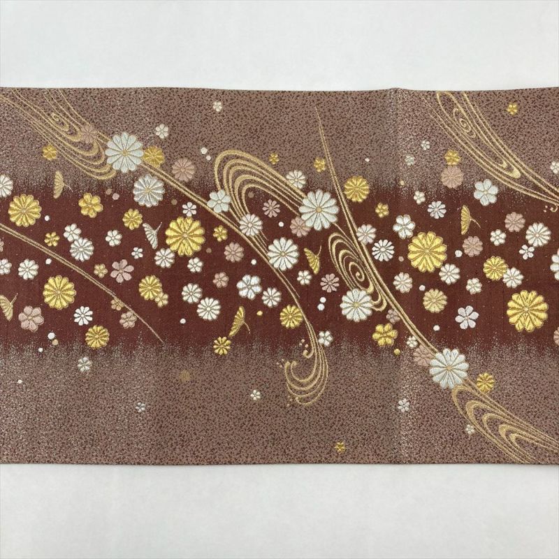 中古）袋帯 焦げ茶色 セミフォーマル 六通 金糸 流水 菊花 絹