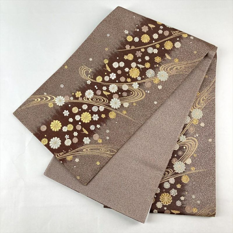 中古）袋帯 焦げ茶色 セミフォーマル 六通 金糸 流水 菊花 絹