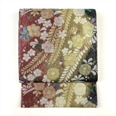 中古）振袖用袋帯 黒色 フォーマル 六通 金糸 色糸 雪輪 華文 絹