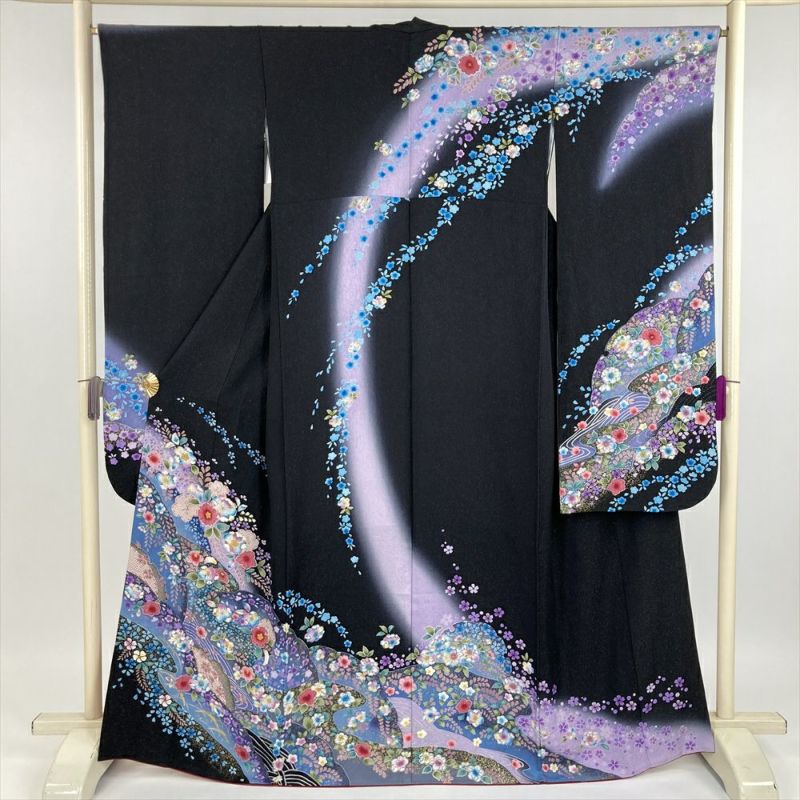 中古） 振袖 黒色 フォーマル 金通しぼかし染め 金彩 辻が花 袷 絹