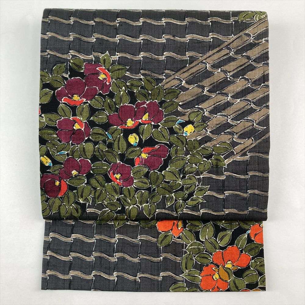 花の図 オフホワイト 薄茶鼠色 袋帯 A765-10 【中古】（袋帯 中古  