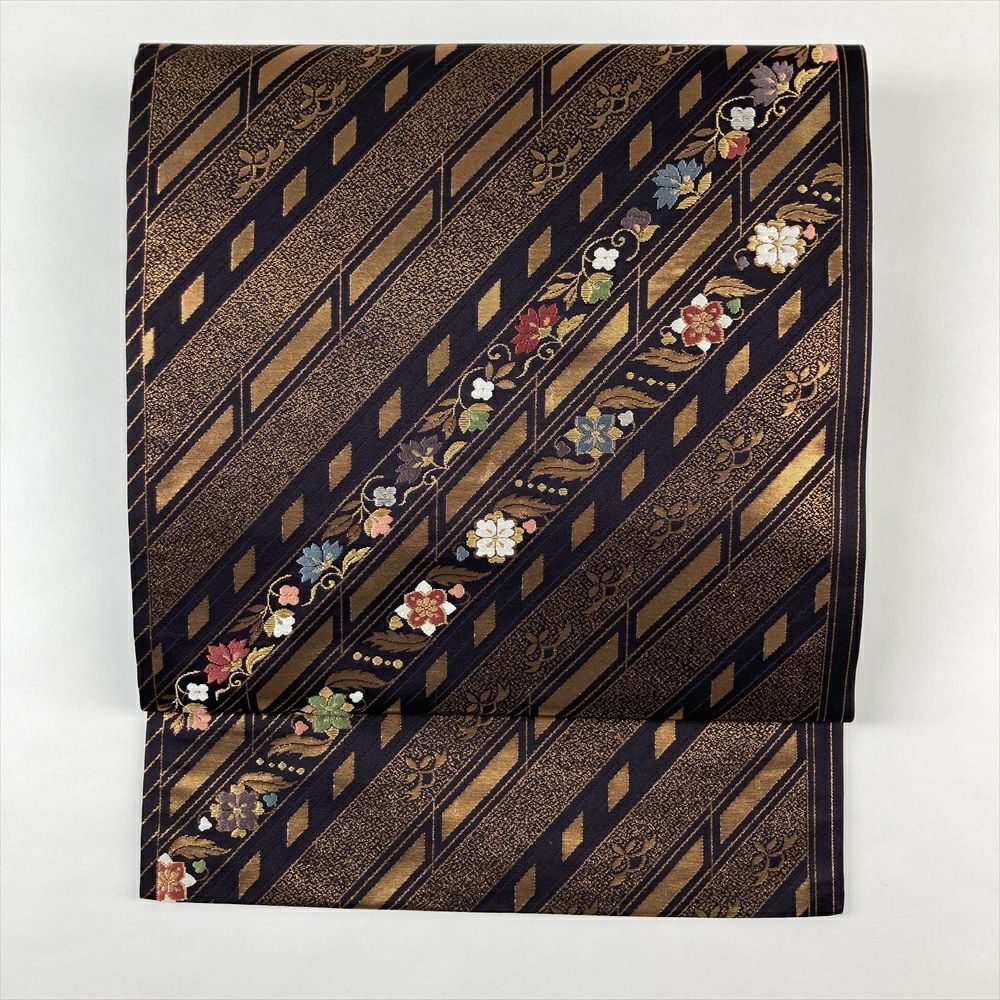 在庫一掃】 名古屋帯 逸品 猫 鞠 金銀彩 箔 黒 正絹 【中古】（名古屋  