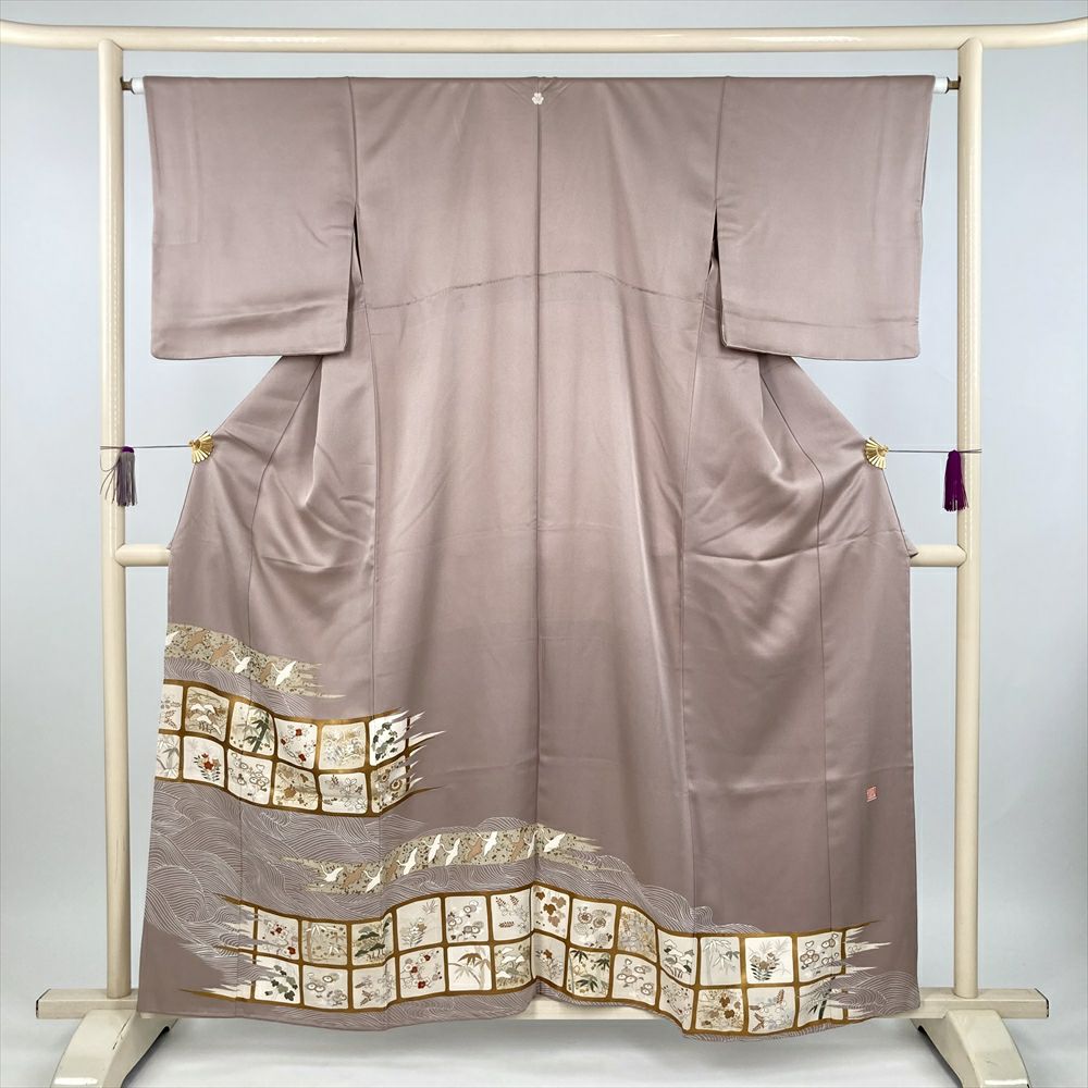 中古） 色留袖 枯野 くすみピンク フォーマル 金彩 琳派 袷 絹【身丈  
