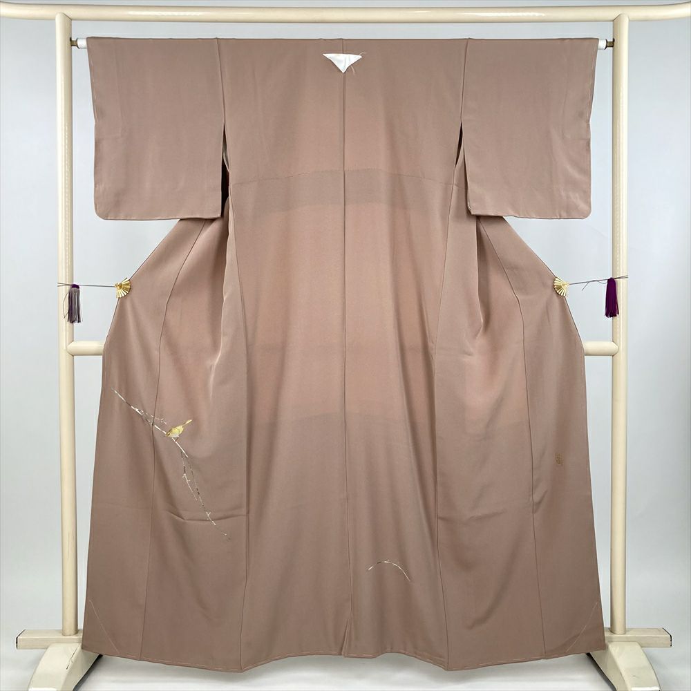 中古） 色留袖 白茶 ベージュ フォーマル 金銀駒刺繍 鳥 袷 絹【身丈  