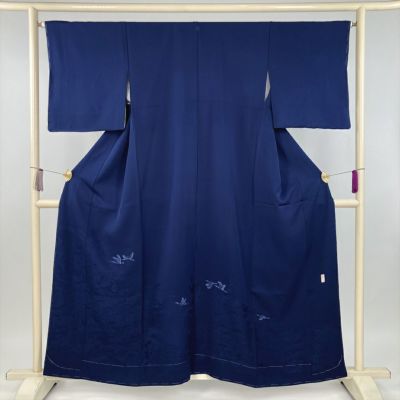 中古） 色無地 紺青 セミフォーマル 地紋織 平安絵巻 袷 絹