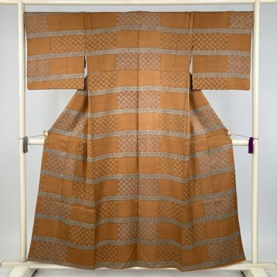 名古屋帯 紅葉 茶筒 能面 刺繍 銀通し 藤色 落款 作家物 NO-799