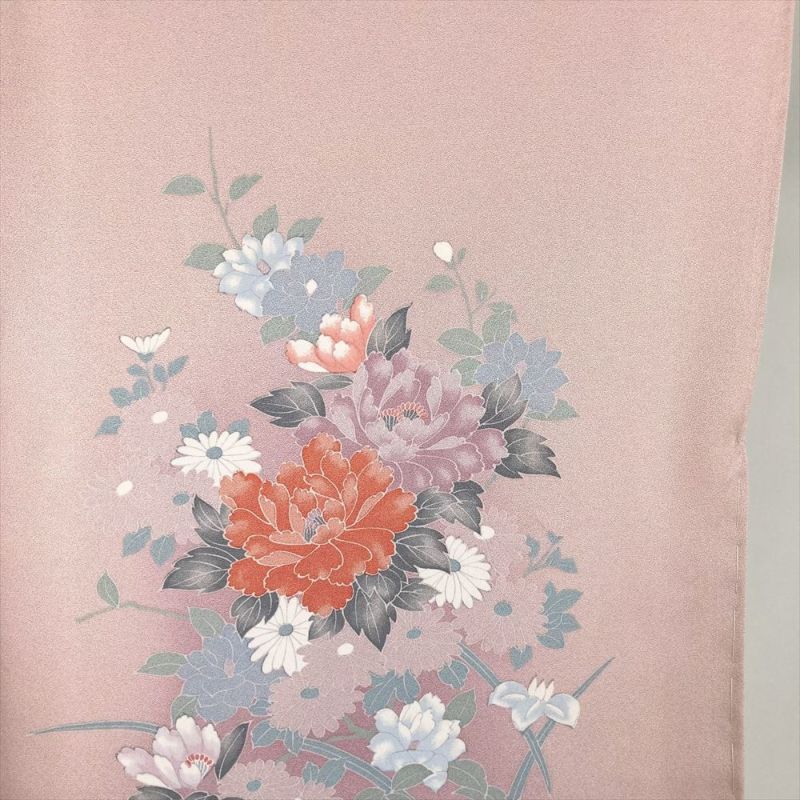 中古） 訪問着 ピンク セミフォーマル 四季花文様 単衣 絹