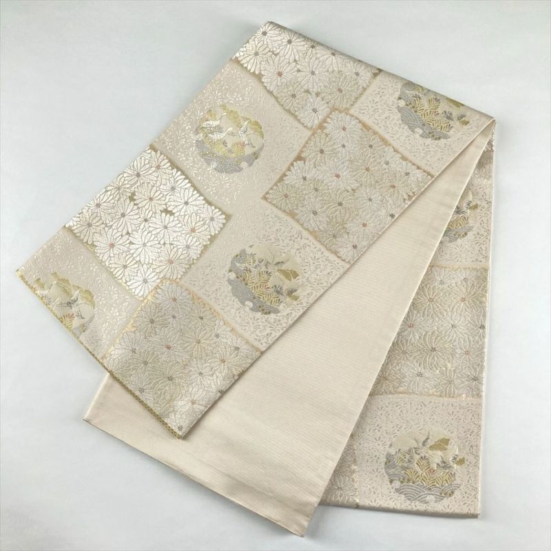中古)袋帯 アイボリー フォーマル 六通 金糸 銀糸 市松菊花文様 絹 中古)袋帯 アイボリー フォーマル 六通 金糸 銀糸 市松菊花文様 絹