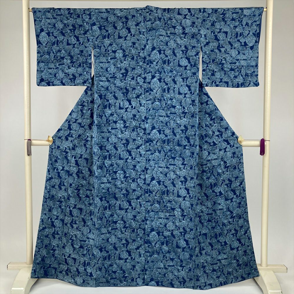 小紋 着物 袷 手染め 黒緑色地 変わり市松 裄64.5 M 中古 sn811（小紋  