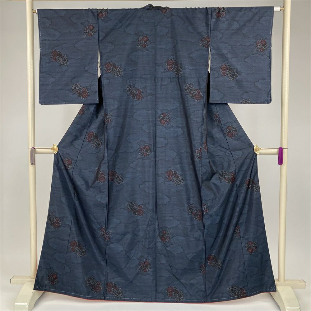 本場小千谷紬 春秋の単衣 着物 手織り 紬 裄65.5 M～L 中古 sn696  