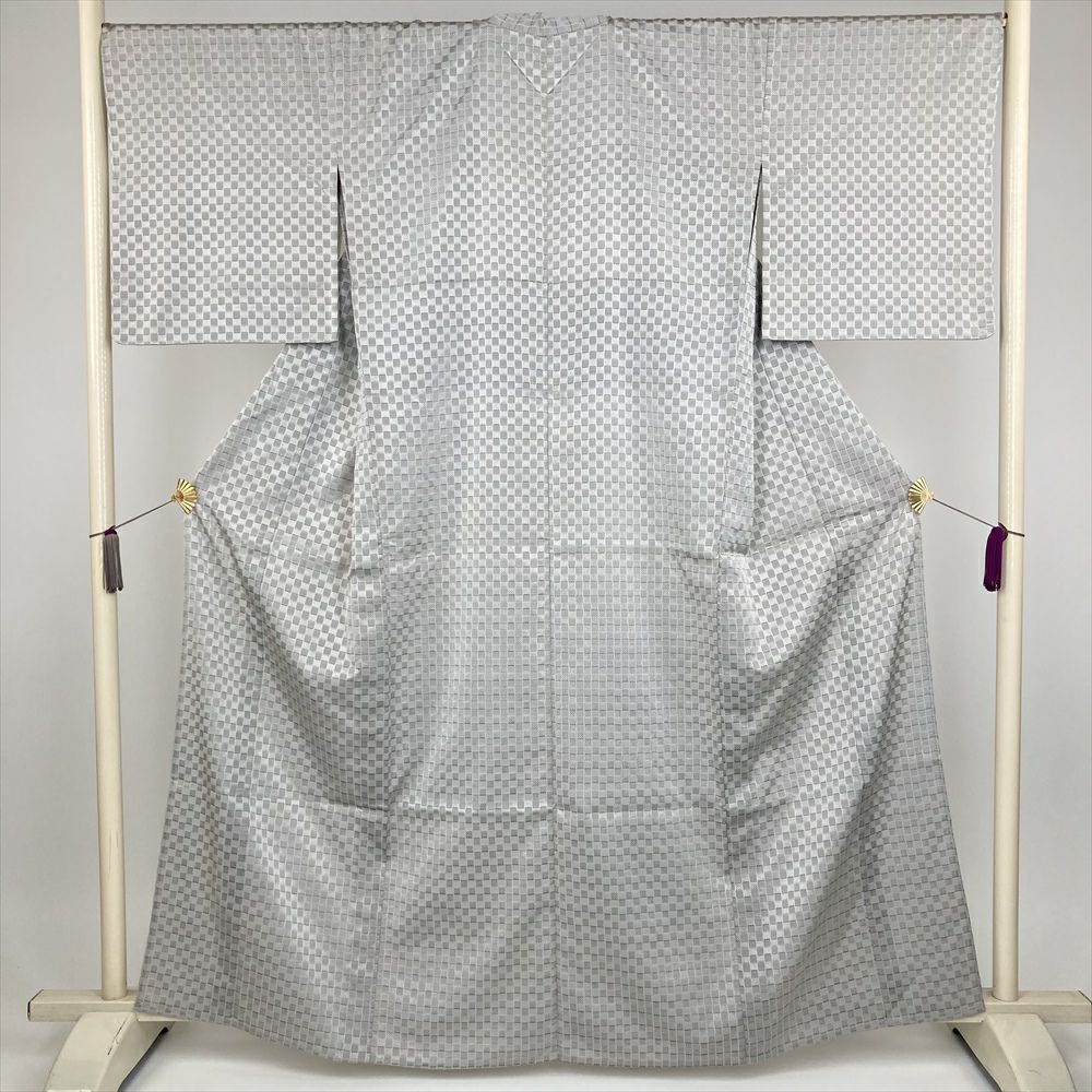 小紋 身丈158.5cm 裄丈67.5cm L 薄物 牛首紬地 落款 幾何学模様 黒  