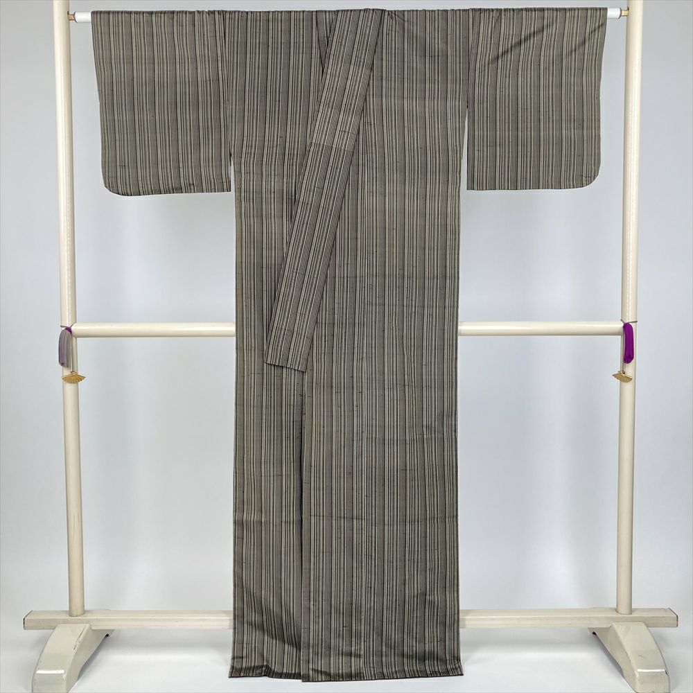 紬 身丈160cm 裄丈63cm S 薄物 夏黄八 証紙 縞 焦茶色 正絹 美品 逸品  