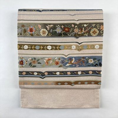 中古）京袋帯 黒色 金色 セミフォーマル 六通 織り 引き箔 四季花 絹