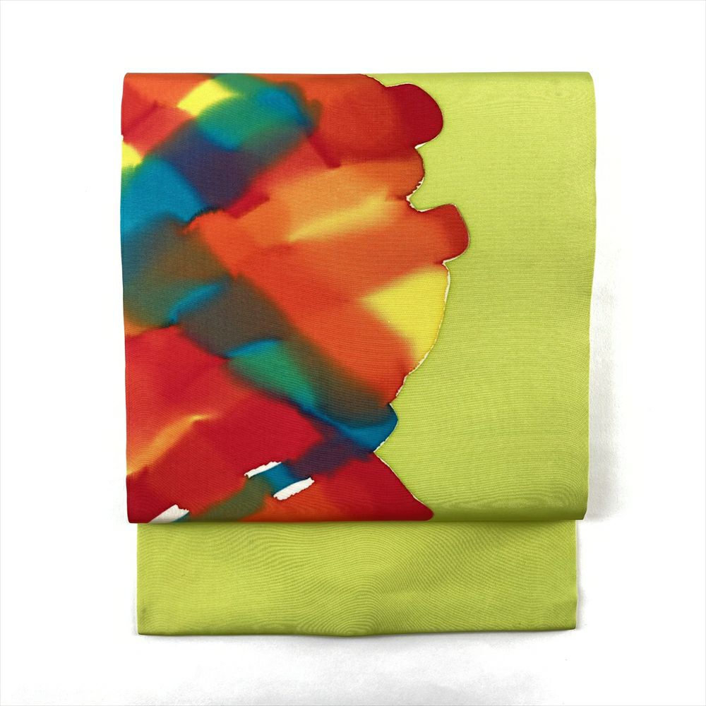 中古）名古屋帯 黄緑 カジュアル 名古屋仕立て 塩瀬 染め 抽象柄 絹