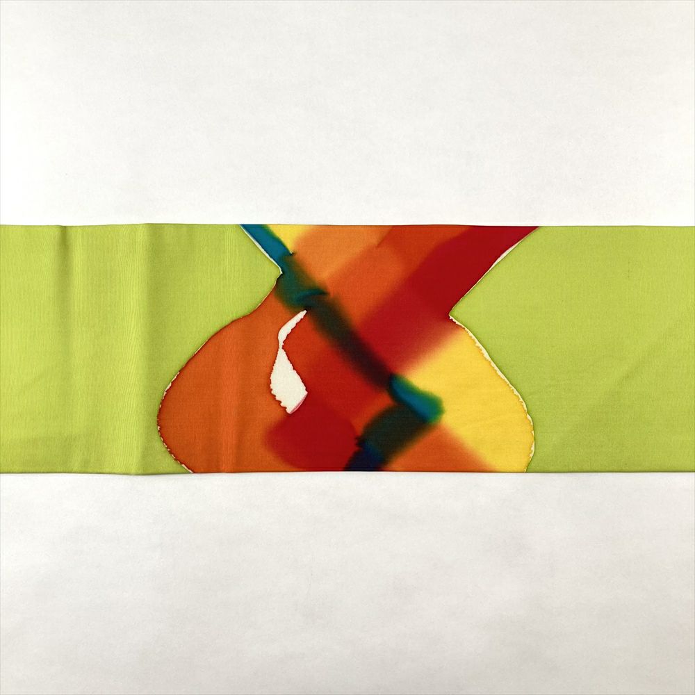 中古）名古屋帯 黄緑 カジュアル 名古屋仕立て 塩瀬 染め 抽象柄 絹