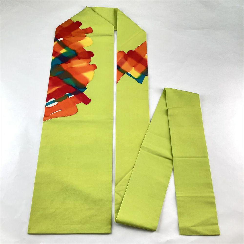 中古）名古屋帯 黄緑 カジュアル 名古屋仕立て 塩瀬 染め 抽象柄 絹