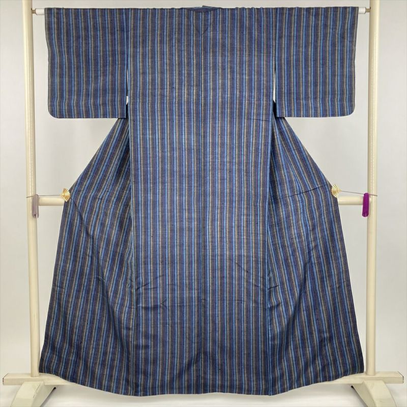 中古） 紬 紺青 カジュアル 縞 袷 絹【身丈】155cm【裄丈】63cm